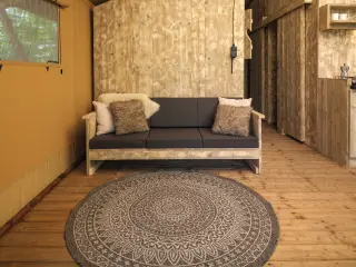 Wood Lodge: living area with a sofa and a round rug