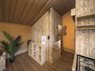 Luxury Safari Lodge: interior with shelves, a plant and wooden walls