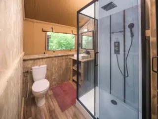 Wood Lodge: bathroom with a toilet and a glass-enclosed shower
