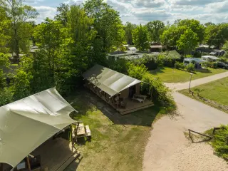 Luxury Safari Lodge: aerial view of the tents next to a path among trees