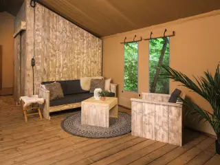 Luxury Safari Lodge: living area with a sofa, a coffee table and a rug