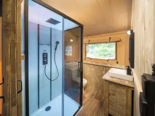 Luxury Safari Lodge: bathroom with a glass-enclosed shower, a washbasin and a toilet